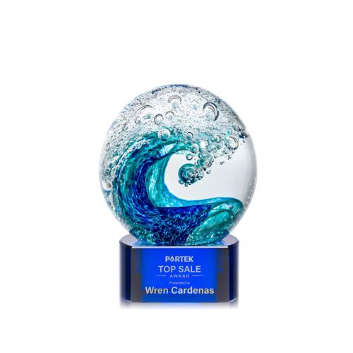 Awards and Plaques - Glass Trophies - Art Glass Trophies - Ocean Wave on Half Round Blue Globe Glass Trophy