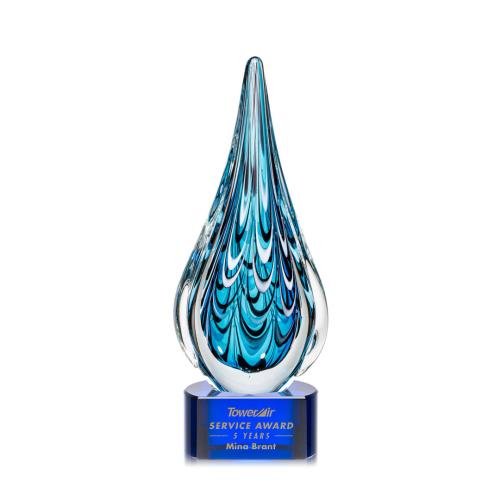 Awards and Plaques - Glass Trophies - Art Glass Trophies - Madsen on Half Round Base Blue Tear Drop Glass Trophy