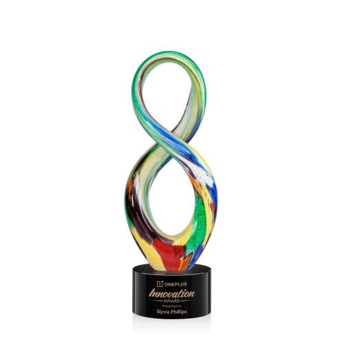 Awards and Plaques - Glass Trophies - Art Glass Trophies - Pitts Unique on Round Base -Black Glass Trophy