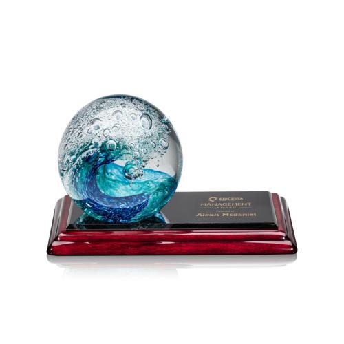 Awards and Plaques - Glass Trophies - Art Glass Trophies - Ocean Wave Globe on Rosewood Base Glass Trophy
