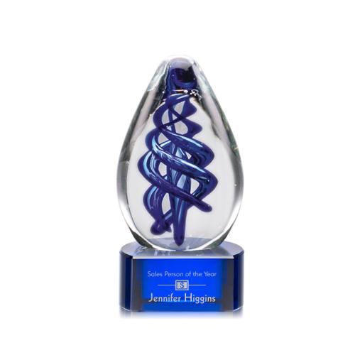 Awards and Plaques - Glass Trophies - Art Glass Trophies - Sexton on Half Round Base Blue Tear Drop Glass Trophy