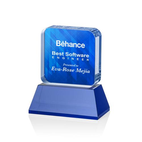 Awards and Plaques - Crystal Trophies - Walls Full Color on Base Blue Square / Cube Crystal Trophy