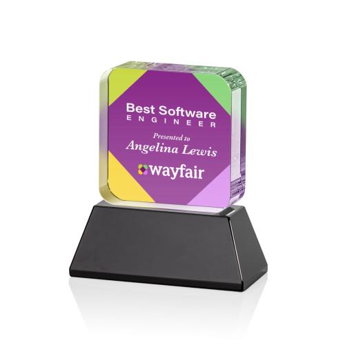 Awards and Plaques - Crystal Trophies - Walls Full Color on Base Black Square / Cube Crystal Trophy