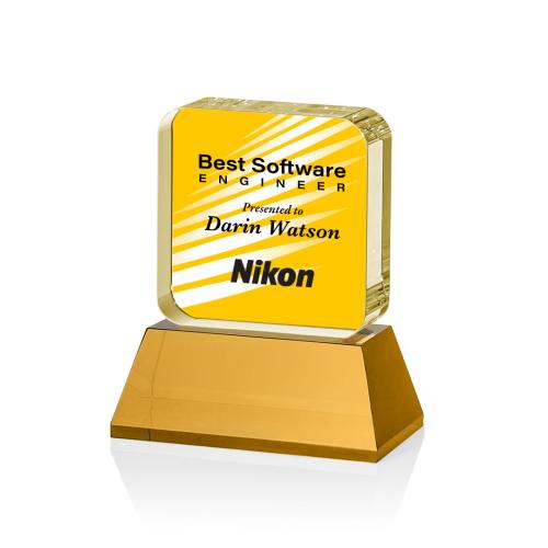 Awards and Plaques - Crystal Trophies - Walls Full Color on Base Amber Square / Cube Crystal Trophy