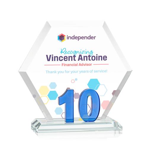 Awards and Plaques - Crystal Trophies - Riviera Anniversary Full Color No 10 Blue Polygon Crystal Trophy
