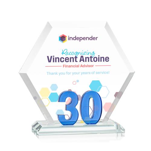 Awards and Plaques - Crystal Trophies - Riviera Anniversary Full Color No 30 Blue Polygon Crystal Trophy