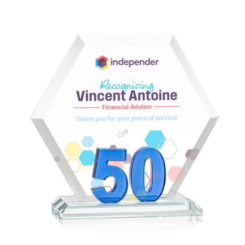 Awards and Plaques - Crystal Trophies - Riviera Anniversary Full Color No 50 Blue Polygon Crystal Trophy