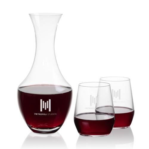 Custom Barware Glasses - Carafes - Burrell Carafe & Nixon Stemless Wine