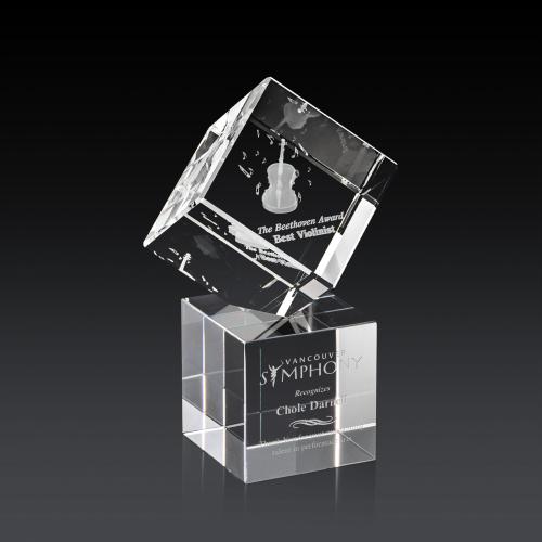 Awards and Plaques - Crystal Trophies - Klein 3D Square / Cube on Square Base Crystal Trophy