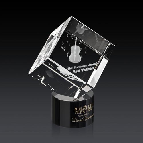 Awards and Plaques - Crystal Trophies - Klein 3D on Round Base Black Square / Cube Crystal Trophy