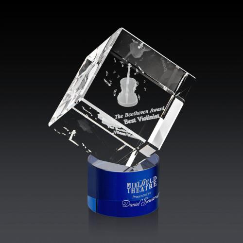 Awards and Plaques - Crystal Trophies - Klein 3D on Round Base Blue Square / Cube Crystal Trophy