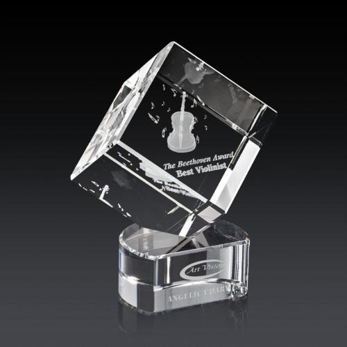 Awards and Plaques - Crystal Trophies - Klein 3D on Half Round Base Clear Square / Cube Crystal Trophy