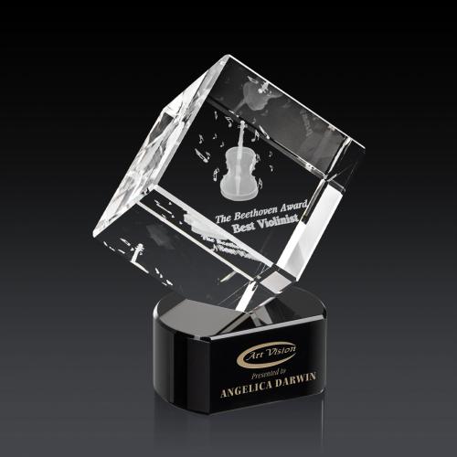 Awards and Plaques - Crystal Trophies - Klein 3D on Half Round Base Black Square / Cube Crystal Trophy