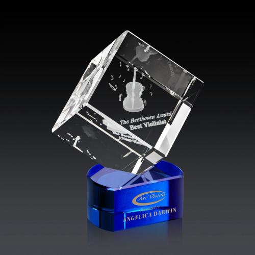 Awards and Plaques - Crystal Trophies - Klein 3D on Half Round Base Blue Square / Cube Crystal Trophy