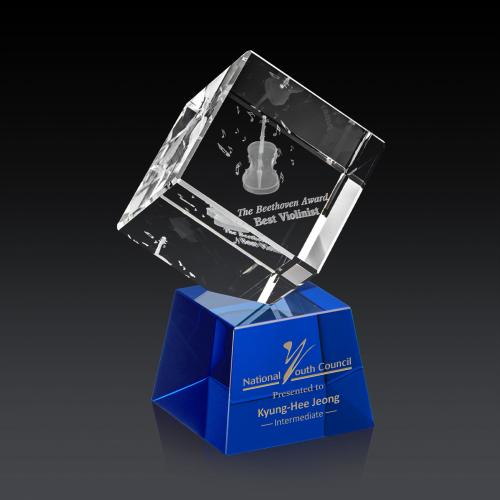 Awards and Plaques - Crystal Trophies - Klein 3D on Small Base Blue Square / Cube Crystal Trophy