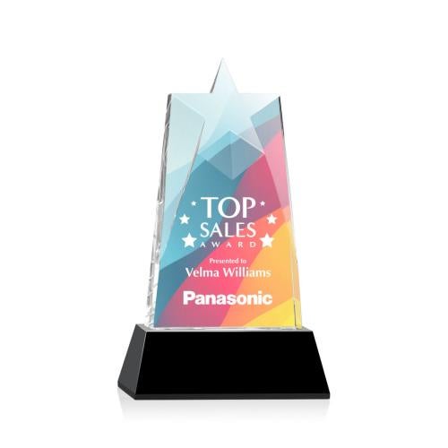 Awards and Plaques - Crystal Trophies - Hutchins Star Full Color on Base Black Crystal Trophy