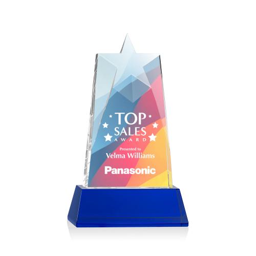 Awards and Plaques - Crystal Trophies - Hutchins Star Full Color on Base Blue Crystal Trophy
