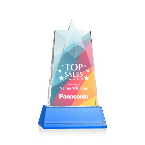 Awards and Plaques - Crystal Trophies - Hutchins Star Full Color on Base Sky Blue Crystal Trophy