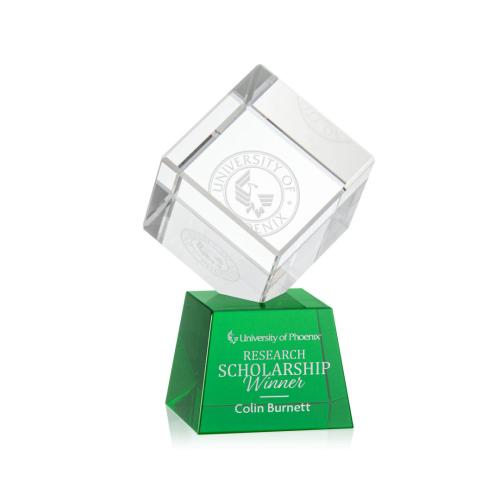 Awards and Plaques - Crystal Trophies - Klein on Small Base Green Square / Cube Crystal Trophy