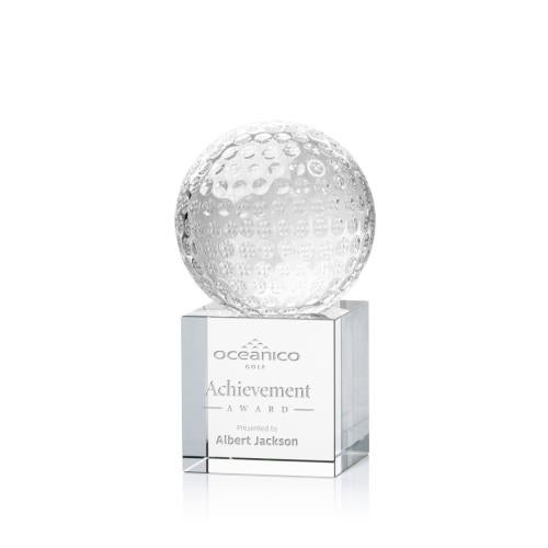 Awards and Plaques - Crystal Trophies - Golf Ball Globe on Square Base Crystal Trophy