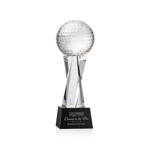 Awards and Plaques - Crystal Trophies - Golf Ball on Saldana Base Black Globe Crystal Trophy