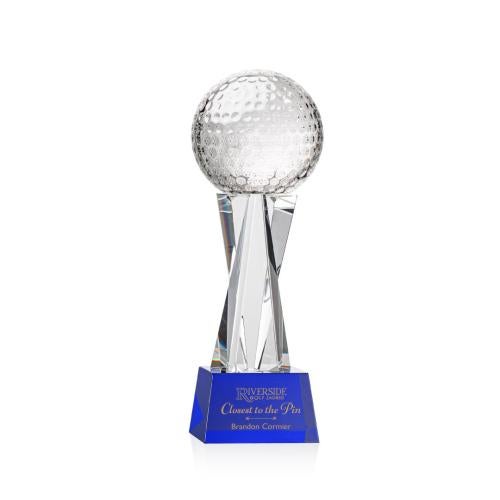 Awards and Plaques - Crystal Trophies - Golf Ball on Saldana Base Blue Globe Crystal Trophy