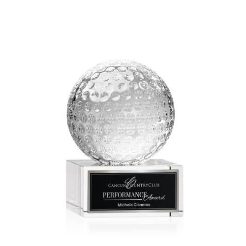 Awards and Plaques - Crystal Trophies - Golf Ball Globe on Plated Base Crystal Trophy