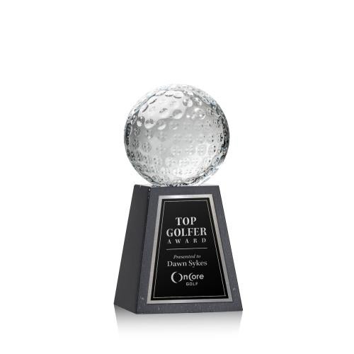 Awards and Plaques - Crystal Trophies - Golf Ball Globe on Tall Marble Base Crystal Trophy