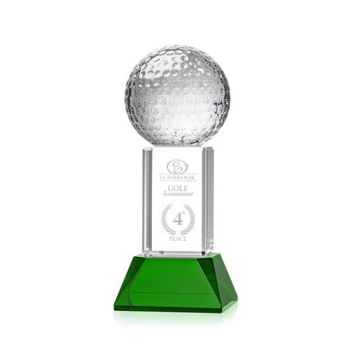 Awards and Plaques - Crystal Trophies - Golf Ball on Tower Base Green Globe Crystal Trophy