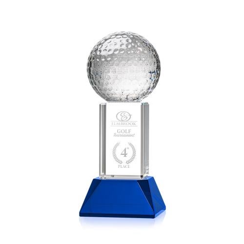 Awards and Plaques - Crystal Trophies - Golf Ball on Tower Base Blue Globe Crystal Trophy
