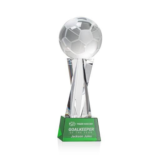Awards and Plaques - Crystal Trophies - Soccer Ball on Saldana Base Green Globe Crystal Trophy