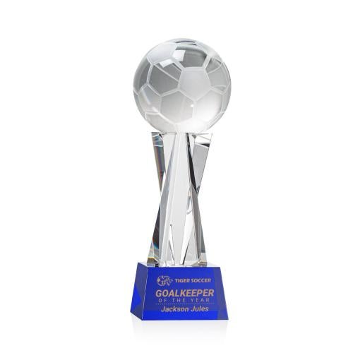Awards and Plaques - Crystal Trophies - Soccer Ball on Saldana Base Blue Globe Crystal Trophy