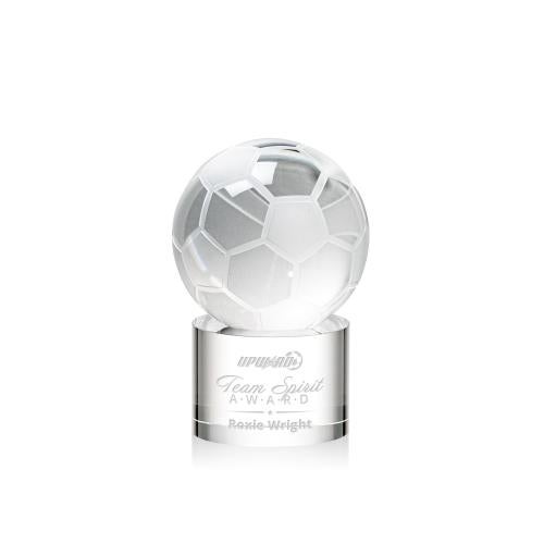 Awards and Plaques - Crystal Trophies - Soccer Ball Globe on Round Base Crystal Trophy