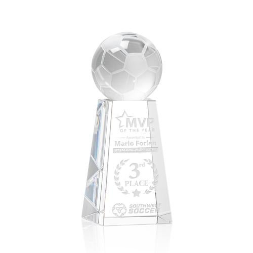 Awards and Plaques - Crystal Trophies - Soccer Ball Globe on Tall Base Crystal Trophy