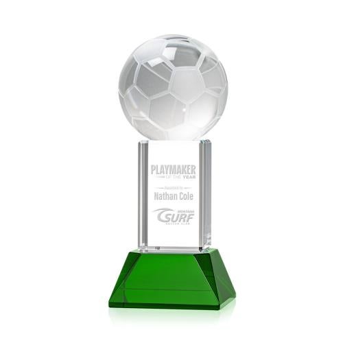 Awards and Plaques - Crystal Trophies - Soccer Ball on Tower Base Green Globe Crystal Trophy