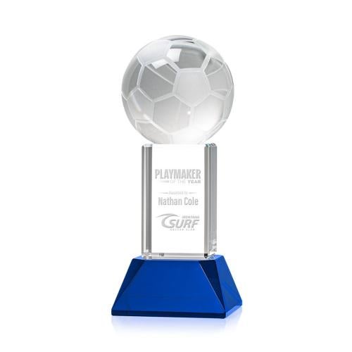 Awards and Plaques - Crystal Trophies - Soccer Ball on Tower Base Blue Globe Crystal Trophy