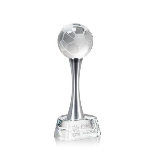 Awards and Plaques - Crystal Trophies - Soccer Ball Globe on Metal Pedestal Base Crystal Trophy