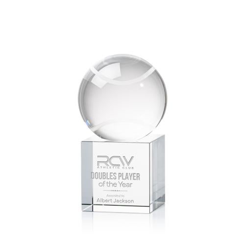 Awards and Plaques - Crystal Trophies - Tennis Ball Globe on Square Base Crystal Trophy