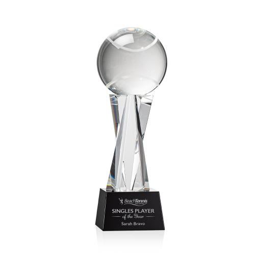Awards and Plaques - Crystal Trophies - Tennis Ball on Saldana Base Black Globe Crystal Trophy