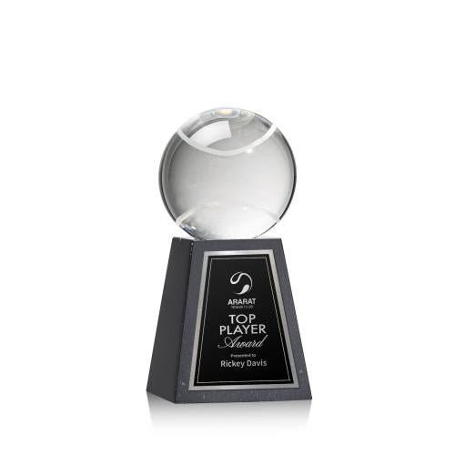 Awards and Plaques - Crystal Trophies - Tennis Ball Globe on Tall Marble Base Crystal Trophy