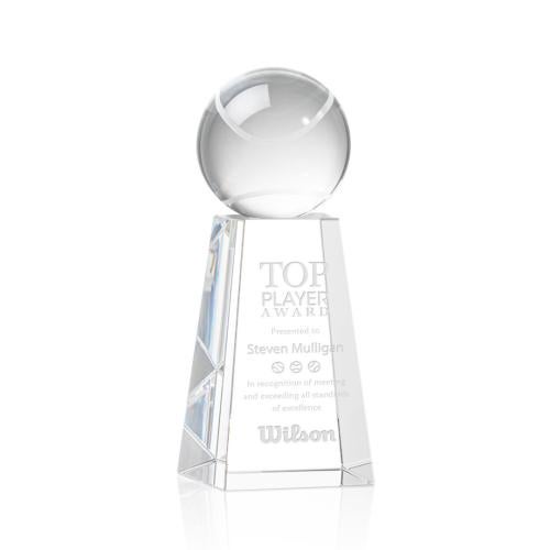 Awards and Plaques - Crystal Trophies - Tennis Ball Globe on Tall Base Crystal Trophy