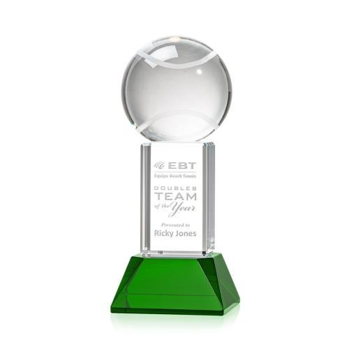 Awards and Plaques - Crystal Trophies - Tennis Ball on Tower Base Green Globe Crystal Trophy