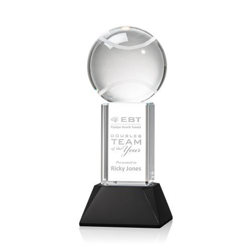 Awards and Plaques - Crystal Trophies - Tennis Ball on Tower Base Black Globe Crystal Trophy