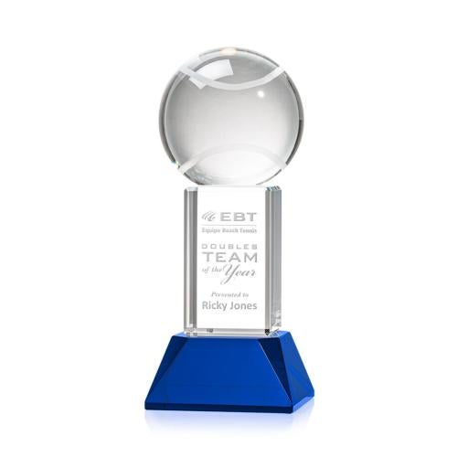 Awards and Plaques - Crystal Trophies - Tennis Ball on Tower Base Blue Globe Crystal Trophy