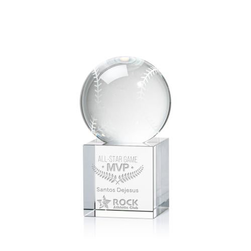 Awards and Plaques - Crystal Trophies - Baseball Globe on Square Base Crystal Trophy
