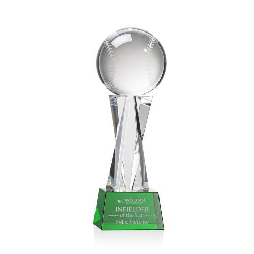 Awards and Plaques - Crystal Trophies - Baseball on Saldana Base Green Globe Crystal Trophy