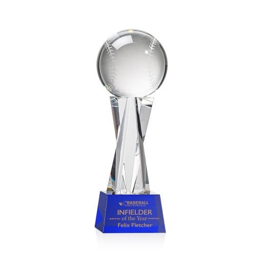 Awards and Plaques - Crystal Trophies - Baseball on Saldana Base Blue Globe Crystal Trophy