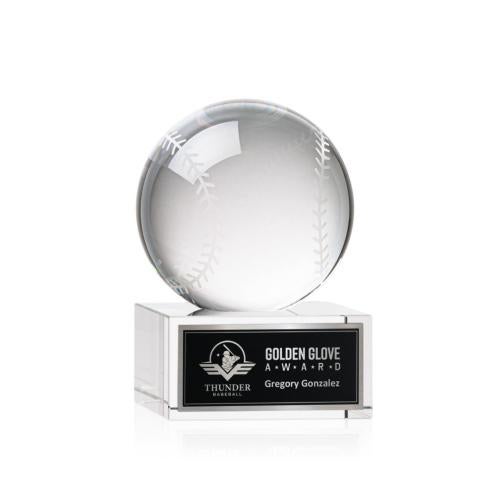 Awards and Plaques - Crystal Trophies - Baseball Globe on Plated Base Crystal Trophy