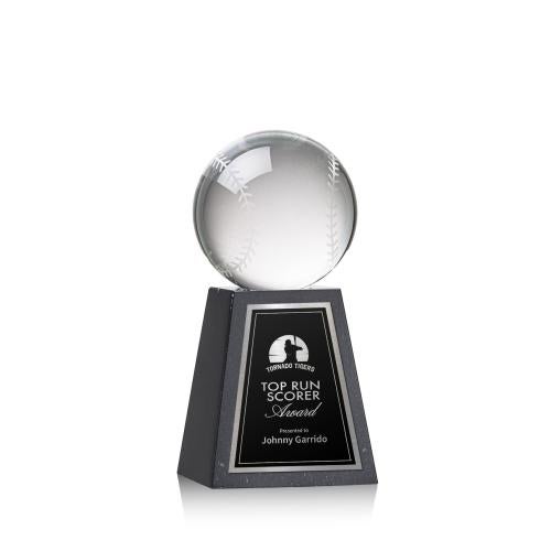 Awards and Plaques - Crystal Trophies - Baseball Globe on Tall Marble Base Crystal Trophy