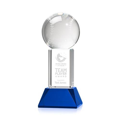 Awards and Plaques - Crystal Trophies - Baseball on Tower Base Blue Globe Crystal Trophy